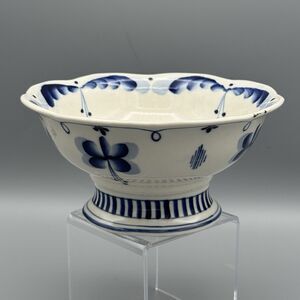 Vtg Gzhel Salad Fruit Bowl Hand Painted USSR Blue White Compote Footed Ceramic